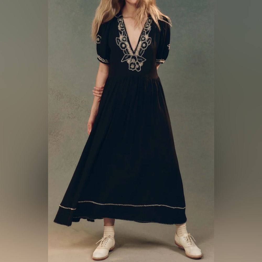 The Great. Elysian Dress. Black with Embroidery. Size 0. Original Price $495